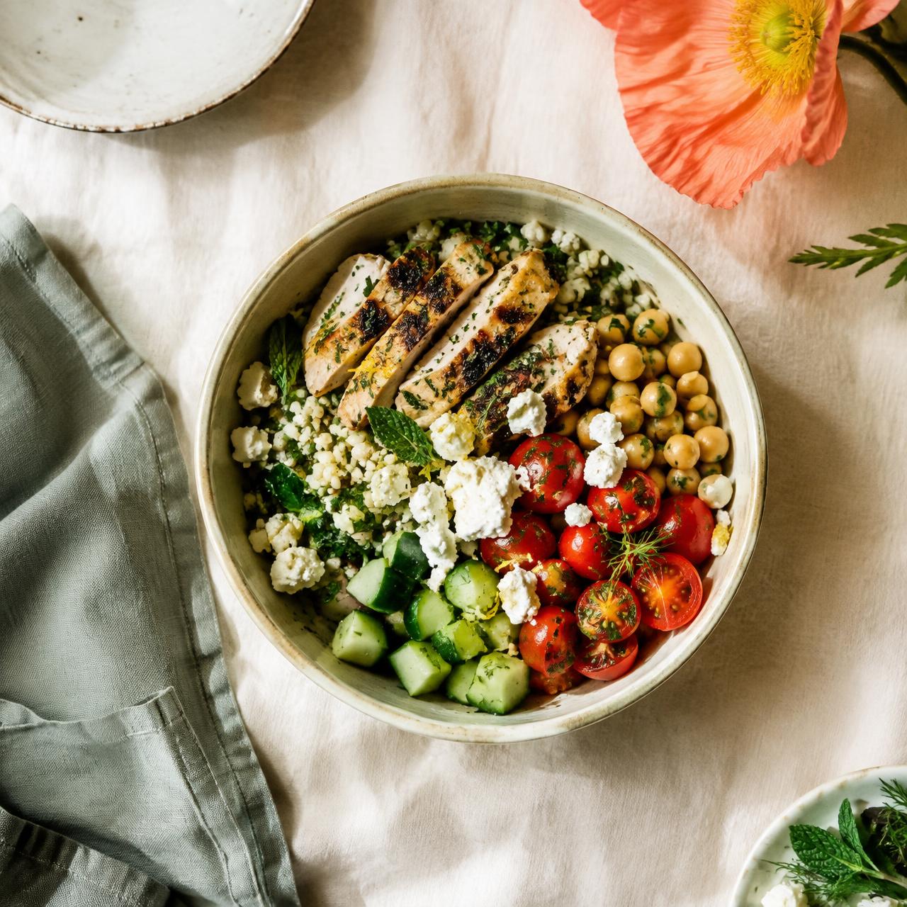 Mediterranean chicken bowl with chickpeas, feta and tomatoes